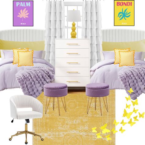 Bright and vibrant purple and yellow dorm room. Yellow And Purple Bedroom Ideas, Purple And Yellow Bedroom, Lavender Room, Dorm Design, Purple Bedrooms, Purple Bedroom, Yellow Bedroom, Yellow Walls, Spare Bedroom