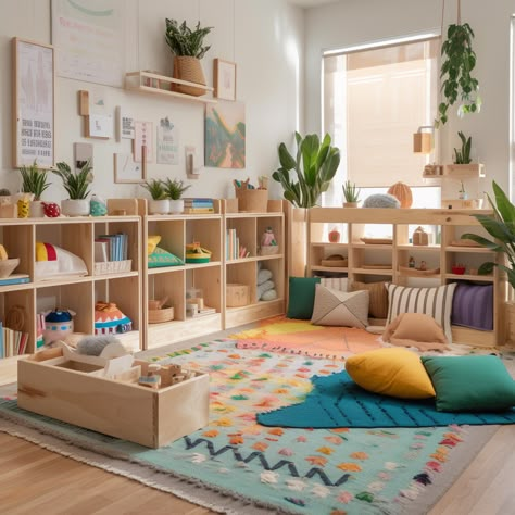 This furniture creates that environment that becomes a third teacher. #roomlayout #receptionclassroom #nurseryclassroom #reggio Montessori Homeschool Preschool Room, At Home Montessori Classroom, Montessori Home Daycare, Montessori School Room, Kids Montessori Playroom, Montessori Daycare Room, Reggio Playroom, Educational Playroom Ideas, Montessori Daycare Setup