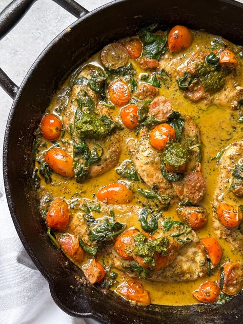 Creamy Pesto Chicken with Roasted Tomatoes & Spinach Chicken With Roasted Tomatoes, Sammy Montgoms, Creamy Pesto Chicken, Ricotta Stuffed Chicken, Creamy Pesto Sauce, 20 Minute Dinners, Digital Cookbook, Chicken Ideas, 2024 Recipes