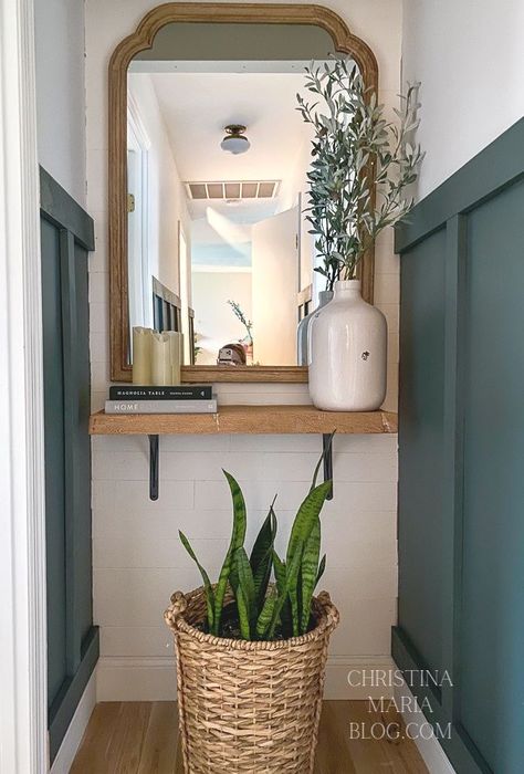 Corner Decorating Ideas Hallway, End Of Corridor Decor, Mirror In Small Hallway, Mirrors At End Of Hallway, Narrow Hallway Color Ideas, Short Hallway Decorating, Wall Mirror Hallway, End Of Hallway Decor Mirror, Small Square Hallway Ideas