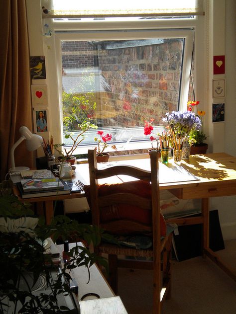 Desk In Window Nook, Desk By A Window, Desk By Window Bedroom, Desk Ideas Window, Desk In Front Of Window Aesthetic, Desk In Window, Desk At Window, Small Art Desk, Window Desk Ideas