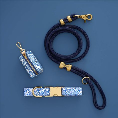 Collar Walk Set, Blue Roses - M / Petite 5ft Dog Collar Pattern, The Foggy Dog, Marine Rope, Rope Leash, Mini Goldendoodle, Daily Walk, Popular Dog, Natural Fabric, Blue Roses