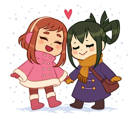 chibi versions of uraraka ochako and asui tsuyu are happily holding hands in the snow. ochako is in a pink parka with a cream trim, matching boots, earmuffs, and mittens, and brown striped leggings. tsuyu wears a navy knee-length double breasted coat with gold buttons, a mustard yellow scarf and mittens, dark brown boots, and a simple handbag. her hair is tied up in a bow. a heart floats above the both of them. Drawing Positions, Chibi Hands, Holding Hands Drawing, Scarf Drawing, Pink Parka, Asui Tsuyu, Simple Handbag, My Hero Academia Tsuyu, Cream Trim