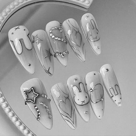 3D Holographic Bunny Nail Stickers Cartoon Cute Rabbit Love Hearts Stars Sliders Silver Chrome Y2K Nail Designs Kpop Inspired, Txt Acrylic Nails, Japanese Nails Black, Asian Nail Ideas, Nail Ideas Press On, Latina Nail Designs Black, Xg Nails Kpop, Le Sserafim Nails Designs, Acubi Nail Designs