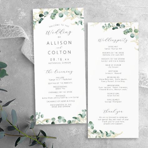 Rustic eucalyptus greenery boho wedding program Greenery Boho Wedding, Boho Wedding Program, Boho Country Wedding, Modern Rustic Wedding, Rustic Wedding Programs, Botanical Garden Wedding, Rustic Modern Wedding, Boho Country, Watercolor Eucalyptus