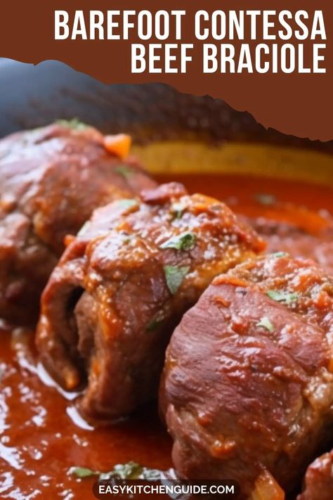 Whip up this delicious and hearty beef braciole recipe from chef Ina Garten that will be sure to satisfy your cravings for Italian cuisine. Authentic Braciole Recipe Italian, Bricole Beef, Easy Brajole Recipe, Italian Meat Dishes Beef, Stuffed Beef Braciole, Brajole Slow Cooker, Steak Braciole Recipe, Beef Braciole Recipe Slow Cooker, Braciole Recipe Italian Giada De Laurentiis