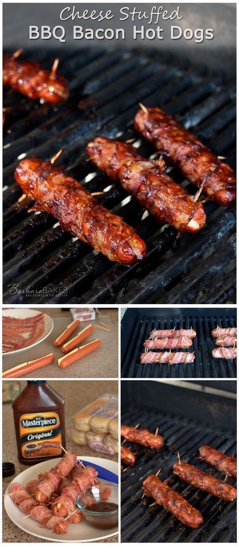 Bacon Wrapped Cheese, Bacon Hot Dogs, Tangy Bbq Sauce, Wrapped In Bacon, Beef Hot Dogs, Bbq Bacon, Food Summer, Summer Foods, Cheese Wrap