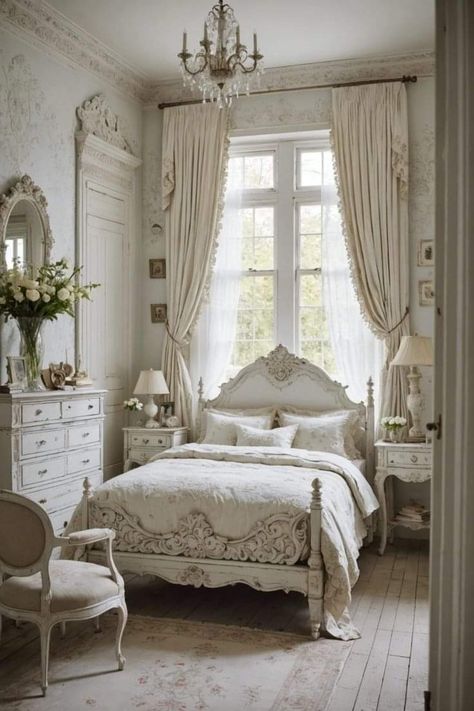 Vintage White Bed, Shabby Bedroom Ideas, French Princess Bedroom, Victorian Bedroom Decor Ideas, White Bedroom Curtain Ideas, French Modern Bedroom, Bedroom Ideas Victorian, White Victorian Bedroom, Victorian Bedroom Ideas