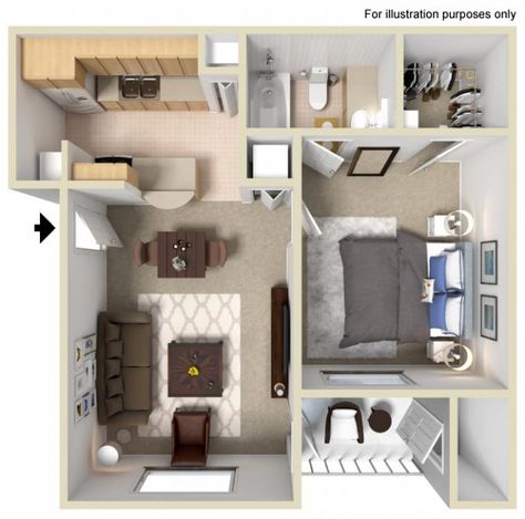 1 BEDROOM|1 BATHROOM|560 SQ. FT. West Jordan Utah, Studio Apartment Design, 3d Floor Plan, House Floor Design, Apartment Floor Plans, House Construction Plan, Apartment Layout, Apartment Plans, 3d Floor