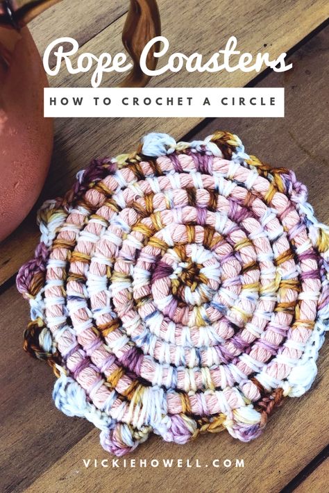 Crochet Rope Coasters, How To Crochet Over Rope, Rope Coasters Diy Tutorials, Crochet Over Rope, Crochet Bowls, Rope Circle, Rope Coasters, Coasters Pattern, Macrame Beads