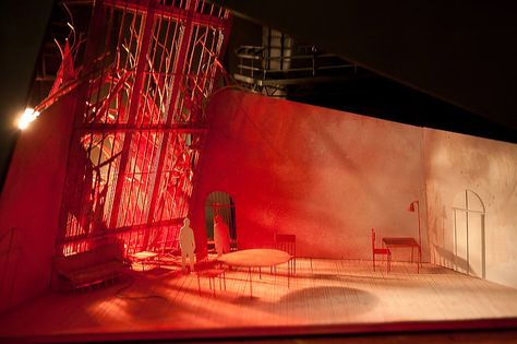 scene design model shown at the annual Design and Production ... Contemporary Theatre Design, Rotating Set Design, Sunset Stage Design, Red Set Design, In The Round Stage, Paper Set Design, Scenic Design Theatres, Vintage Furniture Design, Stage Set Design