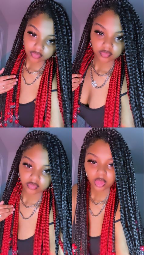 Black Red Peekaboo Braids, Black And Red Box Braids Mixed, Dark Red Peekaboo Braids, Peak A Boo Braids Red, Red Peekaboo Braids With Beads, Box Braids Black And Red, Peekaboo Braids Color Combo, Peek A Boo Box Braids Red, Red And Black Goddess Braids