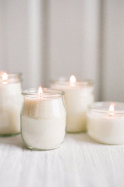 I turned my French yogurt jars into candle holders too by just dropping a votive candle in it, much quicker & easier. From this https://www.flickr.com/photos/heathashli/11094010636 to this https://www.flickr.com/photos/heathashli/15007584978 Diy Keramik, Inspiration Moodboard, Winter Whites, Small Glass Jars, Favourite Colour, White Candles, Shades Of White, Candle Lanterns, Non Stop