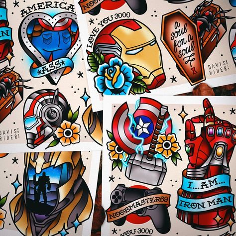 Avengers Endgame flash sheets are finally done, and up on my Etsy!! The movie was near perfect and I wanted to make sure I took my time to… Tattoo Ideas Template, Davis Rider, Avengers Tattoo, Marvel Tattoos, Marvel Drawings, Tattoo Flash Art, Avengers Endgame, Flash Art, Cool Ideas