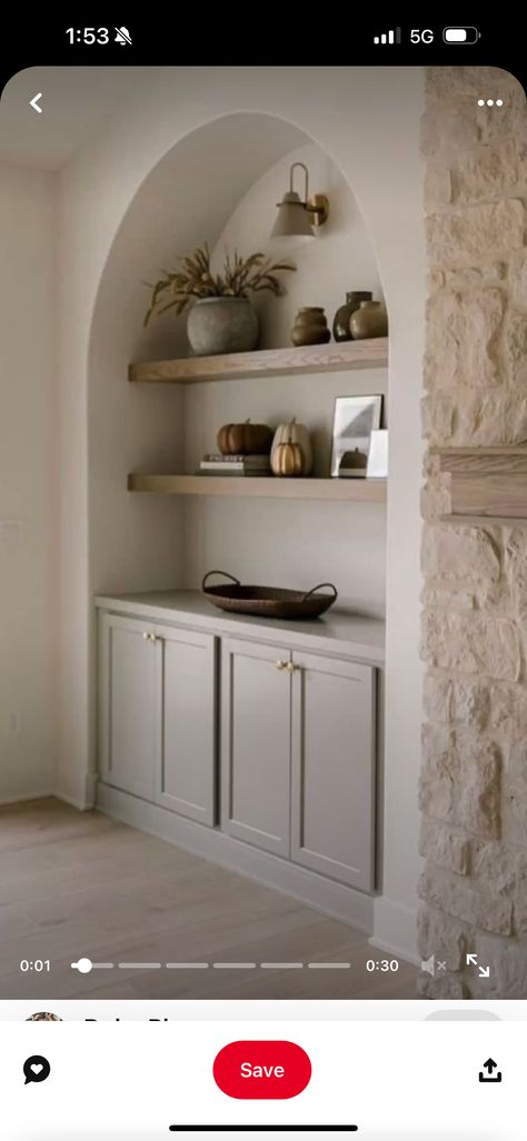 Built In Cabinet Dining Room, Wall Niche Ideas Living Room, Niche Ideas Living Room, Living Room Niche, Wall Niche Ideas, Built In Wall Shelves, Entry Nook, Wall Shelves Living Room, Built In Buffet