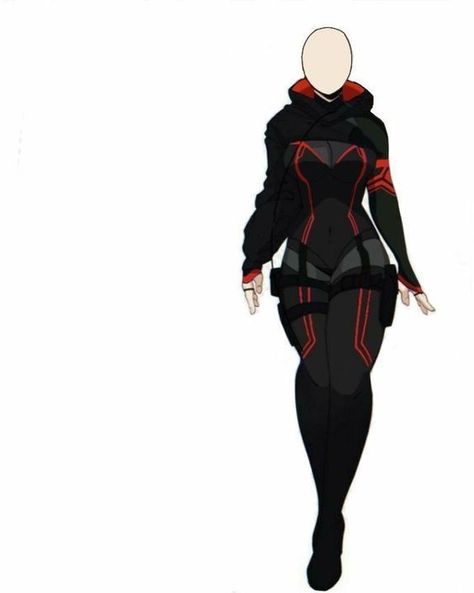 Black Battle Suit Female, Woman Assassin Aesthetic Outfit, Stealth Outfit Concept, Bnha Outfits Design, Black And Red Hero Costume, Red And Black Hero Suit, Cool Hero Outfits, Black And Red Techwear, Evil Outfits Drawing