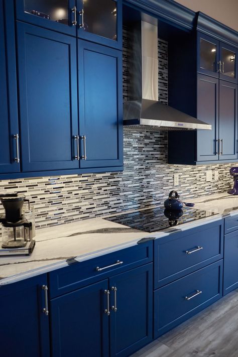 All Blue Kitchen Cabinets, Blue Kitchen Cabinets Black Sink, Dark Blue Kitchen Cabinets Granite Countertops, Blue Cabinets And Backsplash, Cobalt Blue Cabinets Kitchen, Glossy Blue Kitchen Cabinets, Cobalt Kitchen Cabinets, Blue Cabinets Silver Hardware, Kitchen Cabinet Blue Colors