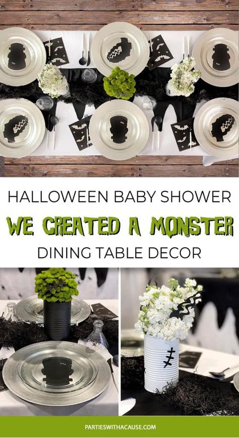 We Created a Monster is a perfect Halloween Baby Shower theme! Check out all the simple details for the table decor and place settings at PartiesWithaCause.com A Little Monster Is On The Way, Halloween Baby Shower Table Decorations, Little Monster Baby Shower Ideas, Diy Halloween Home Decor, Monster Baby Showers, Halloween Baby Shower Theme, Gothic Baby, Baby Shower Table Decorations, Monster Theme