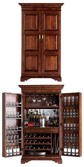 cabinet hidden bar... Closest thing so far to one I saw years ago.. Hinges at the side and not the corner giving depth to the door: Alcohol Cabinet Ideas, Armoire Bar, Inside Bar, Armoire Cabinet, Home Bar Cabinet, Corner Bar, Hidden Bar, Liquor Bar, Home Bar Designs