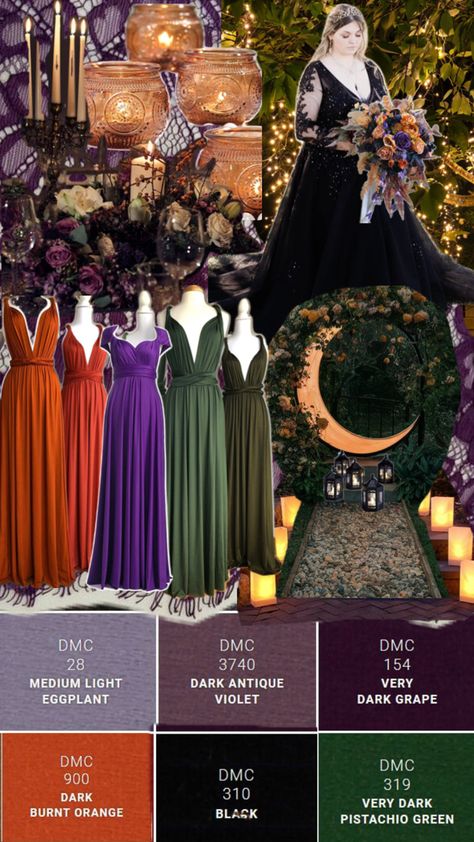 Hints of celestial items Lots of sparkle lights and greenery Sparkle Lights, Witchy Wedding, Pistachio Green, Burnt Orange, Orange Black, Light In The Dark, Paint Colors, Violet, Sparkle