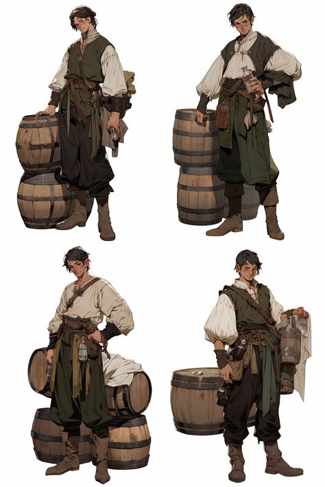 Tavern Outfit Male, Tavern Character Design, Dnd Archaeologist, Fantasy Shopkeeper, Farmer Concept Art, Tavern Character, Archeologist Character Design, Medieval Fisherman, Bard Outfits Male