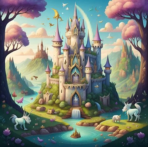 Illustration about Fairy tale castle in the forest. Fairytale landscape with castle, fairytale castle, unicorn and other animals. Vector illustration. Made with AI. Illustration of flower, cartoon, poster - 281271784 Fairy Tale Cottage Interior, Fairy Tale Castle, Magical Castle Fantasy Fairytale, Fairy Tale Castle Illustration, Animal Castle Comic, Palace Illustration Fairy Tales, Fairy Tale Cottage, Fairy Castle, Fairy Tale Theme