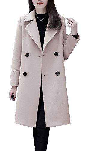 chouyatou Women's Basic Essential Double Breasted Mid-Long Wool Blend Pea Coat (Small Off White)