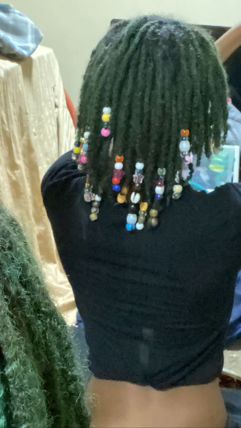 Dyed Locs Green, Green Dreadlocks Black Women, Beads On Dreads Locs, Green And Black Locs, Green Natural Hair Black Women, Green Butterfly Locs, Locs With Beads Black Women, Decorated Locs, Jade Locs