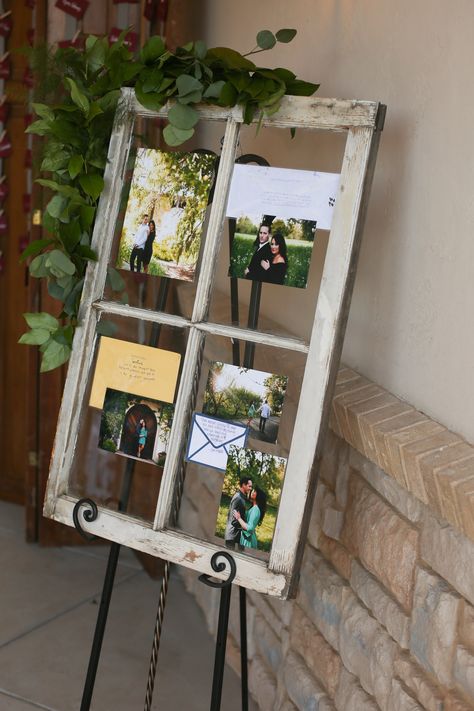 Photo Window Display, Engagement Photos At Wedding Display, Window Frame Picture Display, Window Wedding Decor, Old Window Wedding Decor, Old Window Decor Wedding, Window Pane Wedding Decor, Old Window Projects For Wedding, Wedding Window Decorations