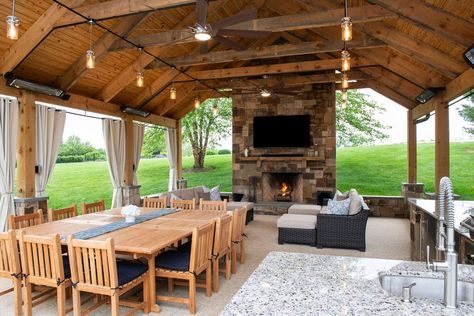 Lighting Exposed Beams, Carport Makeover, Outdoor Pavillion, Fireplace Cozy, Outdoor Living Kitchen, Pavilion Plans, Indoor Outdoor Fireplaces, Patio Plans, Outdoor Covered Patio