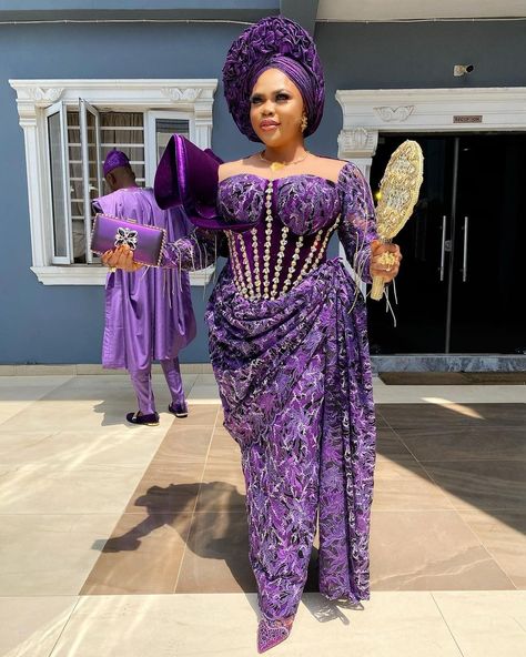 Purple Nigerian Dress, Lace Gown Designs, Wrapper Blouses Nigeria, Aladukeh Styles, Purple Ankara, Purple Photography, Ankara Dress Designs, Gown Designs, Stylish Naija