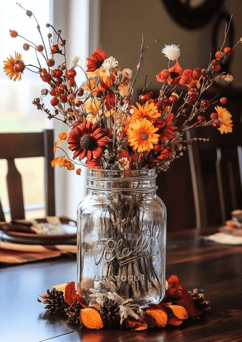 Fall Flower Table Centerpieces, Fall Baby Shower Flower Centerpieces, Wine Bottle Flowers, Fall Centerpiece Ideas, Mason Jar Arrangements, Winter Floral Arrangements, Decorating For Fall, Fall Ball, Fall Mason Jars