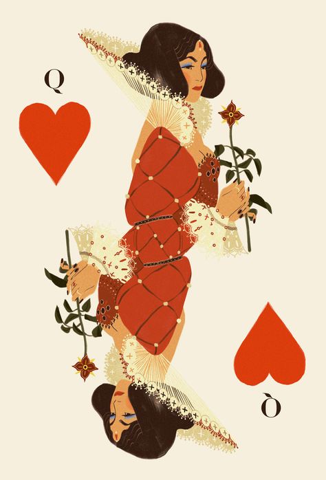 Stephanie Son Queen Of Hearts Card, Valentines Illustration, Playing Cards Art, Playing Cards Design, Poker Cards, Card Illustration, Queen Of Hearts, Deck Of Cards, Drawing Inspiration