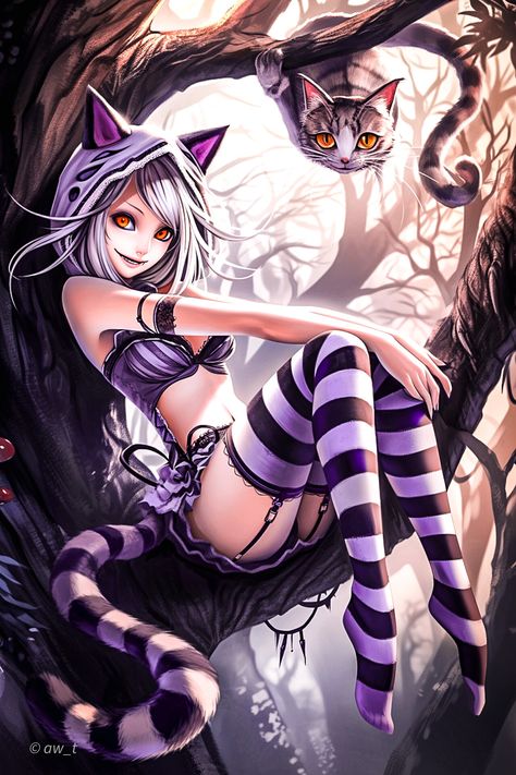 A whimsical illustration featuring a playful cat-girl with striking orange eyes and cat ears, lounging in a mystical forest. Dressed in purple and black, she exudes an enchanting and mischievous aura. The detailed background and dynamic composition highlight the fantasy elements, creating a captivating scene. Alice And The Cheshire Cat, Cheshire Cat Human Version, Female Cheshire Cat, Cheshire Cat Oc, Cheshire Cat Fanart, Cheshire Cat Human, Chester Cat, Cat From Alice In Wonderland, Cheshire Cat Art