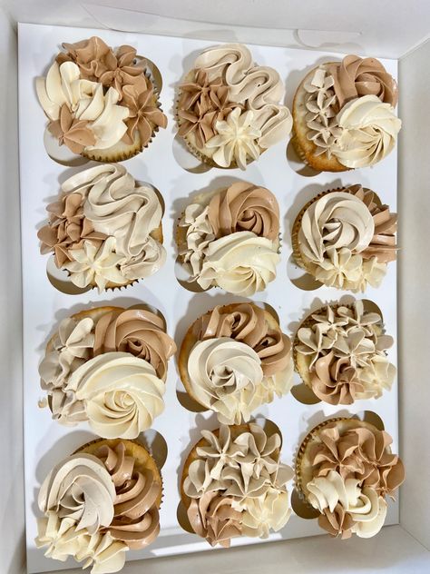 Neutral Birthday Party Decorations, Tan Gender Reveal Decor, Brown Neutral Party Decor, Brown And White Cupcakes, Brown And Beige Birthday Cake, Brown And Cream Birthday Theme, Brown Theme Dessert Table, Beige Gold Birthday Decor, Gold And Cream Birthday Party Decor