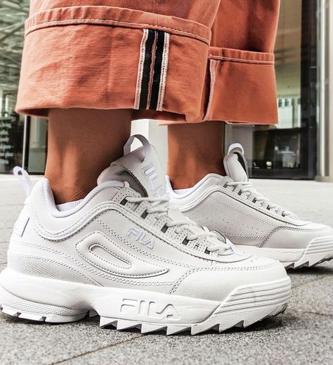 Most popular trainers in the UK: Fila Disruptors Tennis Shoes Outfit Work, Skor Sneakers, Fila Disruptor, Fila Disruptors, Sneaker Outfits, Tennis Shoes Outfit, Chunky Trainers, Fashion Shoes Sneakers, Cute Sneakers