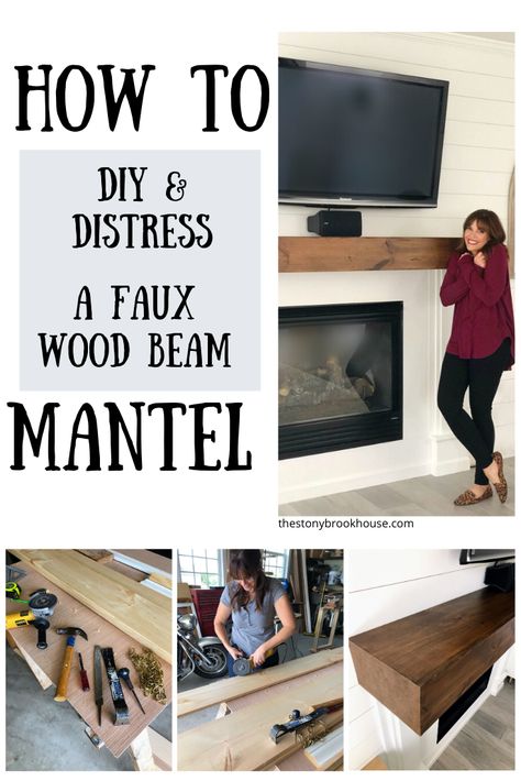 How To Distress Wood Mantle, How To Make A Wood Mantel For Fireplace, Wood Beam Mantle Under Tv, Wood Beam Under Tv, Faux Wood Beam Mantle Diy, Diy Distressed Mantle, Diy Wood Beam Mantle, Faux Mantle Beam, Faux Wood Mantle Beam