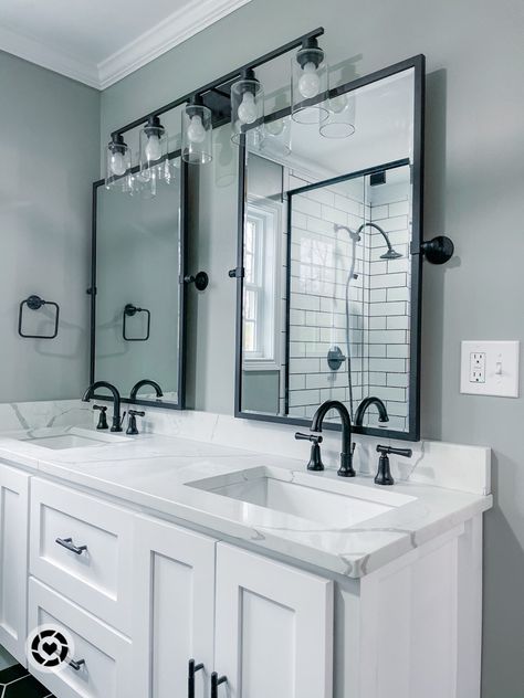 Bathroom Vanity Mirrors Double Sink, Bathroom Inspo Modern, Double Sink Bathroom Ideas, Black Bathroom Fixtures, Black Bathroom Vanity, Bathroom Vanity Mirrors, Master Bath Vanity, Black Vanity Bathroom, Bathroom Redesign