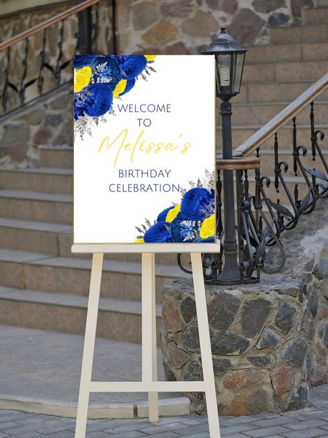 Editable Blue, Yellow and Silver Birthday Welcome Sign, Floral, Printable Instant Download by QueensDecorCo on Etsy Yellow Birthday Parties, Teal Party, Birthday 21st, Blue Birthday Parties, Floral Birthday Party, Yellow Birthday, Birthday Welcome Sign, Party Welcome Sign, Silver Birthday