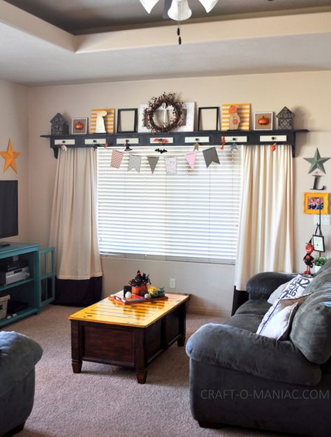 love this shelf above window Yellow Family Room, Shelf Above Window, Yellow Family, Turquoise Home Decor, Vintage Halloween Decor, Window Shelf, Window Shelves, Halloween Crafts Decorations, Vintage Halloween Decorations