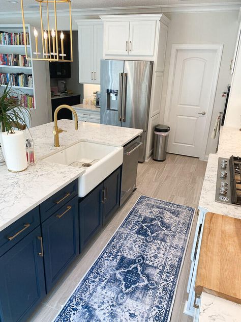 White Navy Gray Kitchen, Navy And Off White Kitchen, Kitchen Backsplash With White And Navy Cabinets, Navy Blue Island White Cabinets Kitchen, Navy White And Gray Kitchen, White And Blue Farmhouse Kitchen, White Blue Gold Kitchen, Navy Blue And White Kitchens, Navy Blue White Kitchen