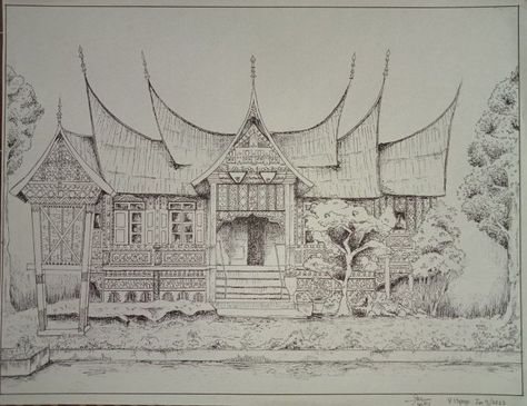 Minangkabau House - artrosie! Greek Architecture, Ancient Greek Architecture, Deco Architecture, Backdrop Wedding, Your Lie In April, Art Deco Architecture, Padang, Ancient Architecture, Painting Wallpaper