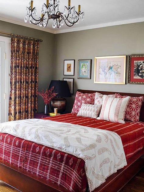 We love this red and gray bedroom with global-inspired accents! More bedroom color schemes: http://www.bhg.com/rooms/bedroom/color-scheme/bedroom-colors/?socsrc=bhgpin110813redandgray&page=6 Boy Room Color Scheme, 90s Bedrooms, Boys Room Colors, Aesthetic Bedding, Bed Inspo, Bed Aesthetic, Beautiful Bedroom Colors, Design Ložnic, 80s Bedroom