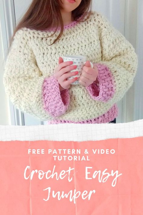 Crochet The Rose Petal Jumper with the free pattern and video tutorial. This easy to follow crochet project is perfect for beginners too, and works up quickly using super chunky wool. #crochet #crochetjumper #crochetsweater #easycrochet #crochettutorial #crochetproject #freecrochetpattern Chunky Wool Crochet, Spring Crochet Projects, Chunky Sweater Pattern, Crochet Accessories Patterns, Chunky Yarn Crochet Pattern, Pull Grosse Maille, Diy Crochet Sweater, Crochet Jumper Pattern, Feminine Crochet