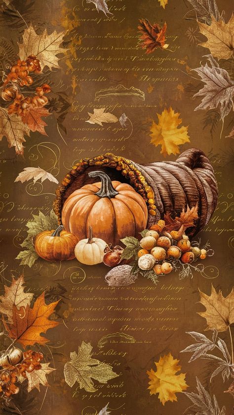 Dive into the warmth and nostalgia of a classic fall celebration with our Vintage Thanksgiving Harvest Wallpaper. This richly textured background in muted, earthy tones features beautifully detailed pumpkins, cornucopias filled with harvest fruits, and elegant hand-drawn fall leaves. Subtle overlays of aged paper texture and faded script enhance the antique feel, creating a timelessly charming atmosphere perfect for celebrating Thanksgiving. Thanksgiving Ipad Wallpaper Backgrounds, Vintage Thanksgiving Wallpaper, Thanksgiving Phone Wallpaper Backgrounds, Turkey Wallpaper Thanksgiving, Vintage Fall Wallpaper Iphone, Vintage Fall Backgrounds, Thanksgiving Backgrounds Aesthetic, Old Fashioned Wallpaper, Thanksgiving Wallpapers Aesthetic