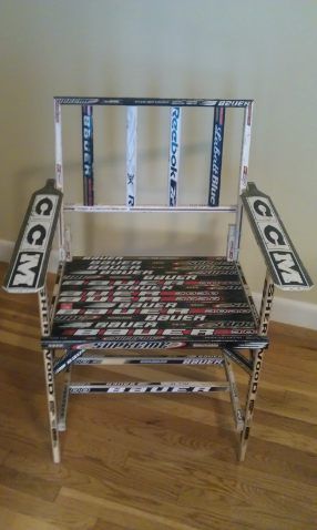 How to build a hockey stick chair Hockey Stick Furniture, Hockey Stick Crafts, Stick Furniture, Stick Projects, Stick Chair, Hockey Decor, Stick Crafts, Hockey Sticks, Hockey Life