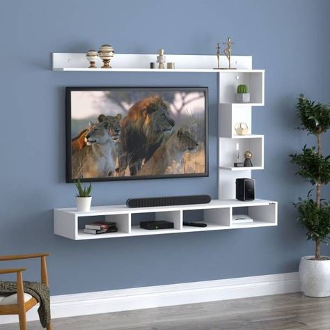 Wall Mount Tv Unit, Tv Rack Design, Tv Shelf Design, Wall Mounted Tv Unit, Wall Mount Tv, Projek Kayu, Tv Entertainment Unit, Mount Tv, Modern Tv Unit Designs