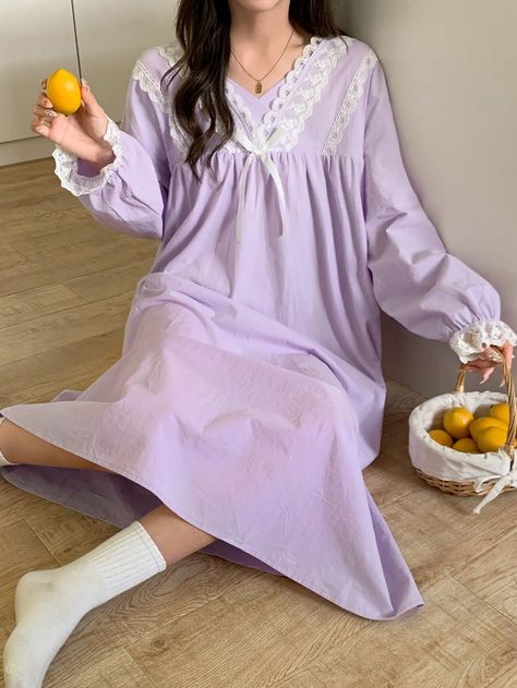 Romantic Lace Patchwork Bowknot Ruffle Hem Nightgown Purple   Long Sleeve Woven Fabric Plain Nightgowns Non-Stretch All Women Sleep & Lounge, size features are:Bust: ,Length: ,Sleeve Length: Nightgown Purple, Cute Nightgowns, Night Suit For Women, Night Pajama, Cute Pajama Sets, Coquette Style, Women Dresses Classy, Suit For Women, Everyday Fashion Outfits