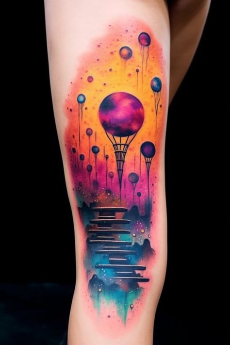 Adventure Tattoo Design, Dreamland Tattoo, Whimsical Tattoo, Adventure Tattoo, Whimsical Tattoos, Colorful Tattoo, Forest Tattoos, Colorful Balloons, Free Tattoo