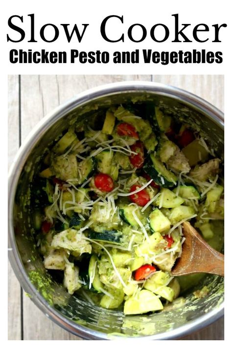 Slow Cooker Chicken Pesto and Vegetables–tender bites of chicken, zucchini, cherry tomatoes and potatoes enveloped in flavorful basil pesto sauce. An easy one pot meal that you can make in your crockpot. #slowcooker #crockpot #chicken #pesto Crockpot Supper, Food Crockpot, Basil Pesto Sauce, Pot Food, Chicken Pesto, Chicken Zucchini, One Pot Meal, Supper Ideas, Easy One Pot Meals